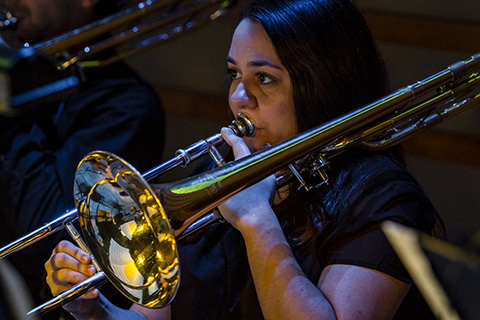 Artist performs with a trombone live in concert